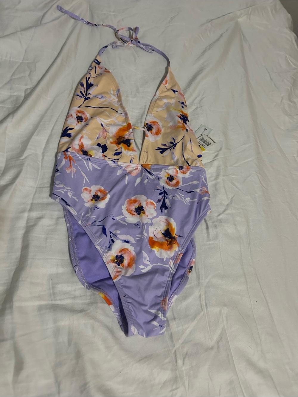 Floral Halter One-Piece Swimsuit in Lavender and Cream